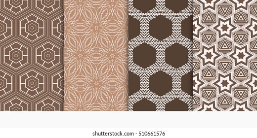 set of 4 geometry seamless pattern. abstract geometry shape, lines. vector illustration. modern ornament. brown color. For design, wallpaper, background fills, card, banner, flyer. color