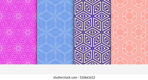 set of 4 geometry seamless pattern. shape triangle, hexagon. vector illustration. modern ornament. For design, wallpaper, background fills, card, banner, flyer. color