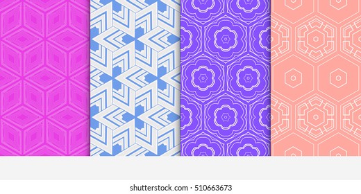 set of 4 geometry seamless pattern. shape triangle, hexagon. vector illustration. modern ornament. For design, wallpaper, background fills, card, banner, flyer. color