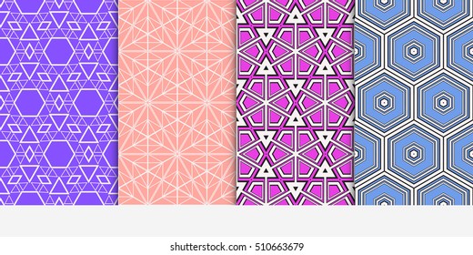 set of 4 geometry seamless pattern. shape triangle, hexagon. vector illustration. modern ornament. For design, wallpaper, background fills, card, banner, flyer. color