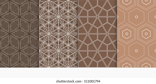 set of 4 geometry seamless pattern. shape triangle, hexagon. vector illustration. modern ornament. For design, wallpaper, background fills, card, banner. brown color