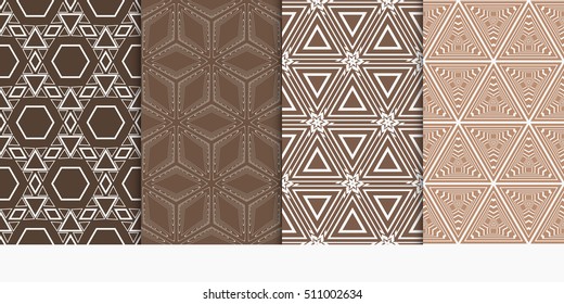 set of 4 geometry seamless pattern. shape triangle, hexagon. vector illustration. modern ornament. For design, wallpaper, background fills, card, banner. brown color