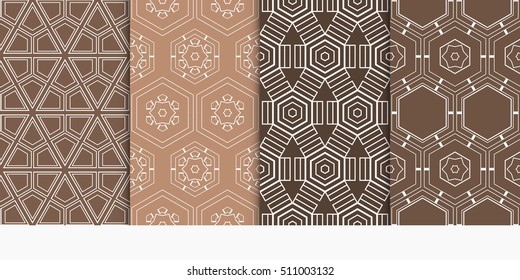 set of 4 geometry seamless pattern. shape triangle, hexagon. vector illustration. modern ornament. For design, wallpaper, background fills, card, banner. brown color