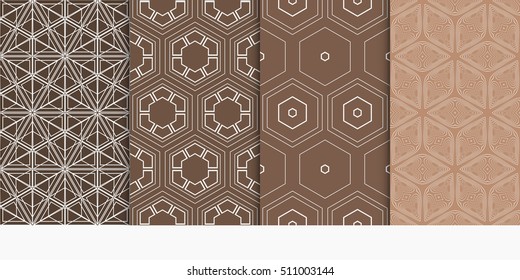 set of 4 geometry seamless pattern. shape triangle, hexagon. vector illustration. modern ornament. For design, wallpaper, background fills, card, banner. brown color