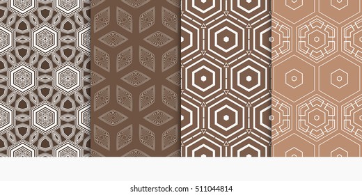 set of 4 geometry seamless pattern. shape triangle, hexagon. vector illustration. modern ornament. For design, wallpaper, background fills, card, banner. brown color