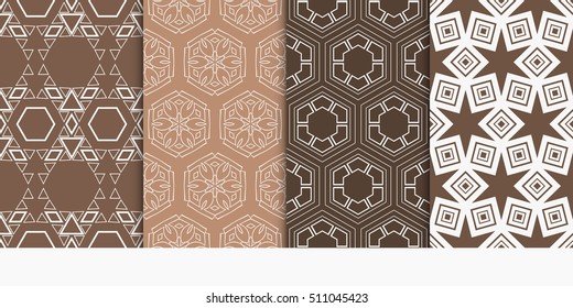 set of 4 geometry seamless pattern. shape triangle, hexagon. vector illustration. modern ornament. For design, wallpaper, background fills, card, banner. brown color