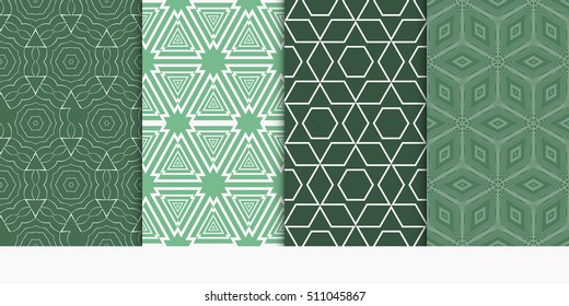 set of 4 geometry seamless pattern. abstract geometry shape triangle, hexagon. vector illustration. modern ornament. For design, wallpaper, background fills, card, banner. green color