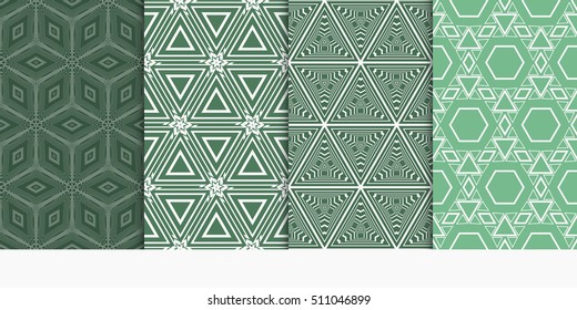 set of 4 geometry seamless pattern. abstract geometry shape triangle, hexagon. vector illustration. modern ornament. For design, wallpaper, background fills, card, banner. green color