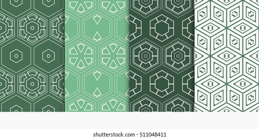set of 4 geometry seamless pattern. abstract geometry shape triangle, hexagon. vector illustration. modern ornament. For design, wallpaper, background fills, card, banner. green color
