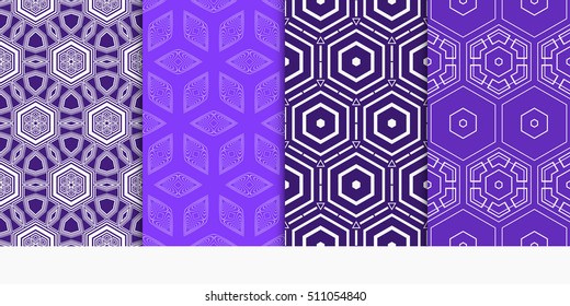 set of 4 geometry seamless pattern. abstract geometry shape triangle, hexagon. vector illustration. modern ornament. For design, wallpaper, background fills, card, banner. blue color