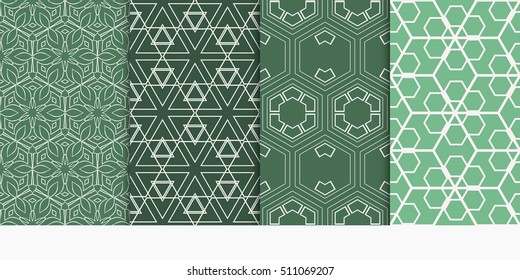 set of 4 geometry seamless pattern. geometry shape triangle, hexagon, cube. vector illustration. modern ornament. green color. For design, wallpaper, background fills, card, banner.