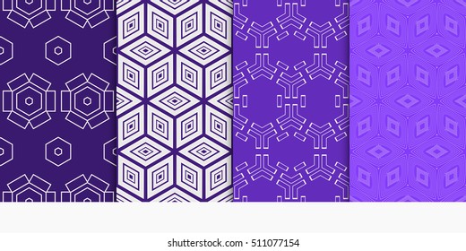 set of 4 geometry seamless pattern. abstract geometry shape triangle, hexagon. vector illustration. modern ornament. For design, wallpaper, background fills, card, banner, flyer. blue color