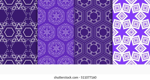 set of 4 geometry seamless pattern. abstract geometry shape triangle, hexagon. vector illustration. modern ornament. For design, wallpaper, background fills, card, banner. blue color