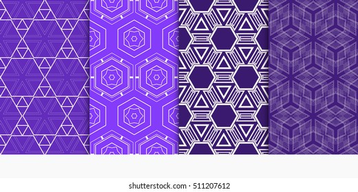 set of 4 geometry seamless pattern. abstract geometry shape triangle, hexagon. vector illustration. modern ornament. For design, wallpaper, background fills, card, banner, flyer. blue color