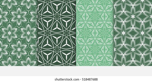 set of 4 geometry seamless pattern. abstract floral ornament. vector illustration. For design, wallpaper, background fills, card, banner. green color