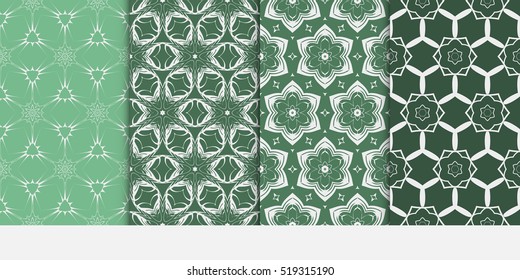 set of 4 geometry seamless pattern. abstract floral ornament. vector illustration. For design, wallpaper, background fills, card, banner. green color