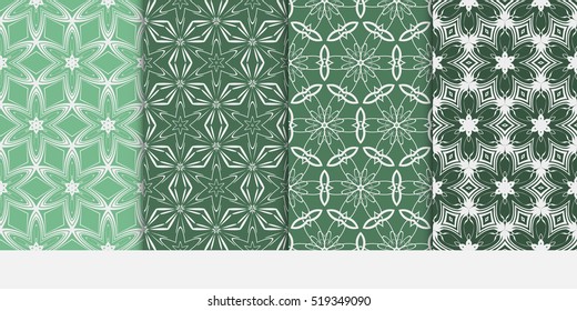 set of 4 geometry seamless pattern. abstract floral ornament. vector illustration. For design, wallpaper, background fills, card, banner. green color