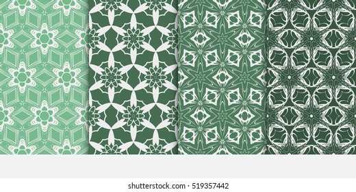 set of 4 geometry seamless pattern. abstract floral ornament. vector illustration. For design, wallpaper, background fills, card, banner. green color