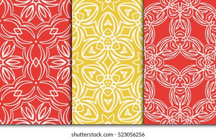 set of 4 geometry seamless pattern. abstract floral ornament. vector illustration. For design, wallpaper, background fills, card, banner. grey, red, orange color