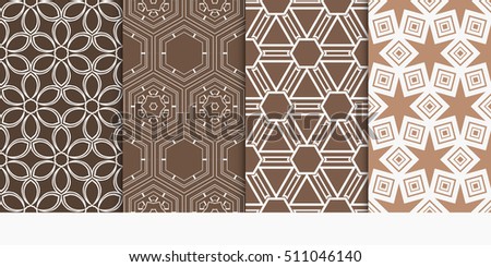 set of 4 geometry seamless pattern. shape triangle, hexagon. vector illustration. modern ornament. For design, wallpaper, background fills, card, banner. brown color