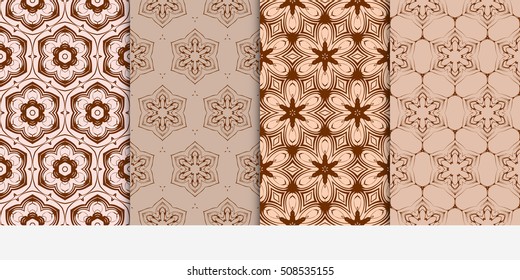 set of 4 geometry seamless pattern.Abstract geometric flower on brown background. Ethnic, modern ornament. For design, wallpaper, background fills, card, banner, flyer. chocolate color