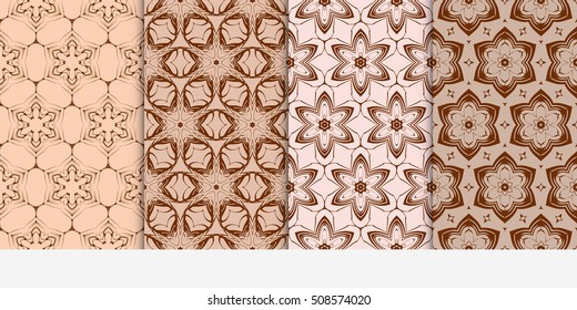 set of 4 geometry seamless pattern.Abstract geometric flower on brown background. Ethnic, modern ornament. For design, wallpaper, background fills, card, banner, flyer. chocolate color