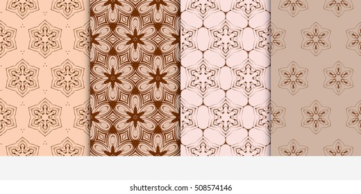 set of 4 geometry seamless pattern.Abstract geometric flower on brown background. Ethnic, modern ornament. For design, wallpaper, background fills, card, banner, flyer. chocolate color