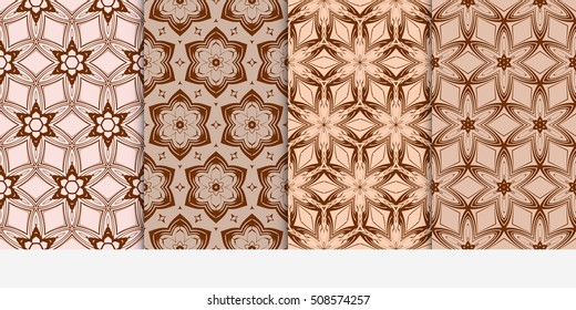 set of 4 geometry seamless pattern.Abstract geometric flower on brown background. Ethnic, modern ornament. For design, wallpaper, background fills, card, banner, flyer. chocolate color