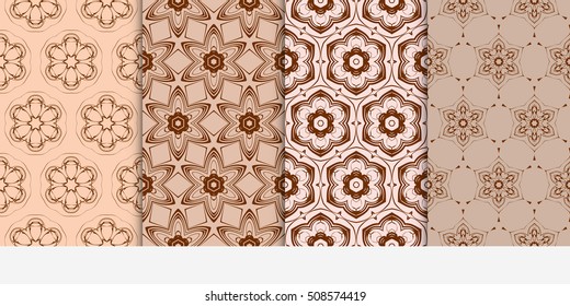set of 4 geometry seamless pattern.Abstract geometric flower on brown background. Ethnic, modern ornament. For design, wallpaper, background fills, card, banner, flyer. chocolate color