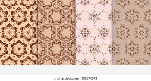 set of 4 geometry seamless pattern.Abstract geometric flower on brown background. Ethnic, modern ornament. For design, wallpaper, background fills, card, banner, flyer. chocolate color
