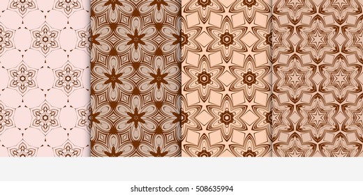 set of 4 geometry seamless pattern.Abstract geometric flower on brown background. Ethnic, modern ornament. For design, wallpaper, background fills, card, banner, flyer. chocolate color