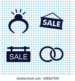 Set of 4 gift filled icons such as ring, rings, sale tag