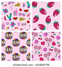 Conjunto de 4 patrones giradamente transparentes. Antecedentes femeninos rosas con lopas, fresas, rodajas de sandía, flores, corazones, etc.