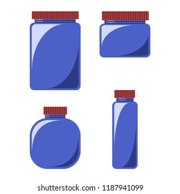 set of 4 glass jars for kitchen with red lids in a flat style.