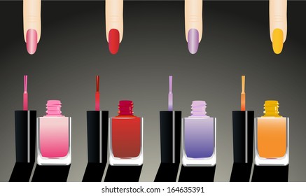 set of 4 glossy nail polish and nails
