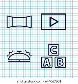 Set of 4 glossy outline icons such as abc cube, panorama mode, play
