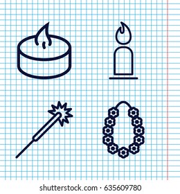 Set of 4 glowing outline icons such as candle, sparklers