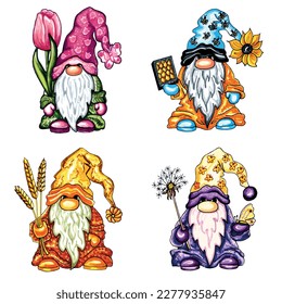 Set of 4 gnomes with flowers. Vector EPS for stickers, creating patterns, wallpaper, wrapping paper,  
postcards, design template, fabric, clothing, cross-stitch, embroidery.