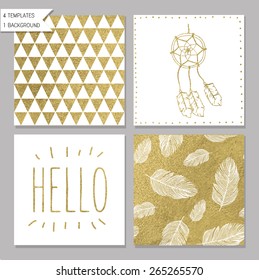 Set of 4 gold design card templates. Seamless patterns included