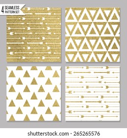 Set of 4 gold design card templates. Seamless patterns included
