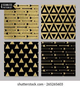 Set of 4 gold design card templates. Seamless patterns included