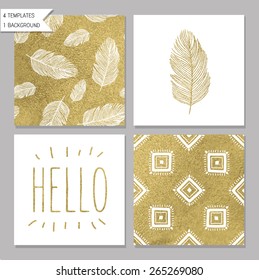 Set of 4 gold design card templates. Seamless patterns included