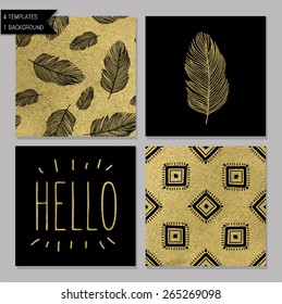 Set of 4 gold design card templates. Seamless patterns included