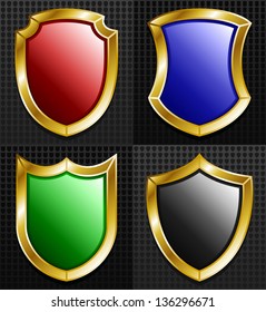 Set of 4 Gold Framed Shields with colors Red, Blue, Green & Black