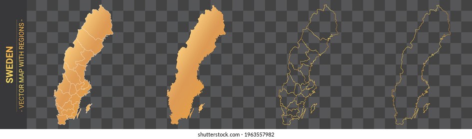 set of 4 gold political maps of Sweden with regions isolated on transparent background