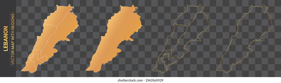 set of 4 gold political maps of Lebanon with regions isolated on transparent background