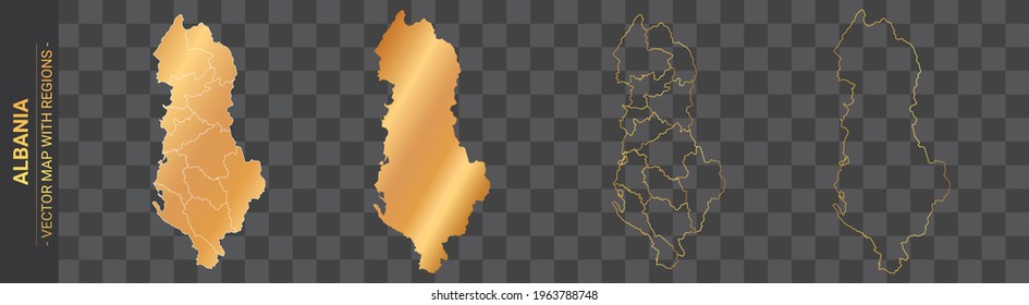 set of 4 gold political maps of Albania with regions isolated on transparent background