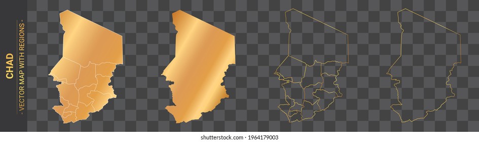 set of 4 gold political maps of Chad with regions isolated on transparent background