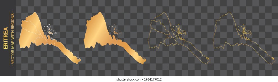 set of 4 gold political maps of Eritrea with regions isolated on transparent background