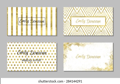 Set of 4 gold and white business card template or gift cards.  Texture of gold foil. Luxury vector illustration. Easy editable template. Space for  text. Line, confetti.